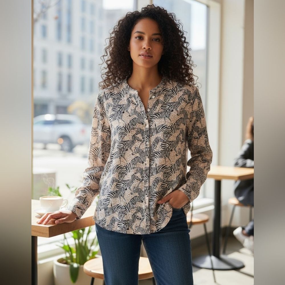 J. Crew Women Zebra Print Shirt - Black, Tan and White Size XXS